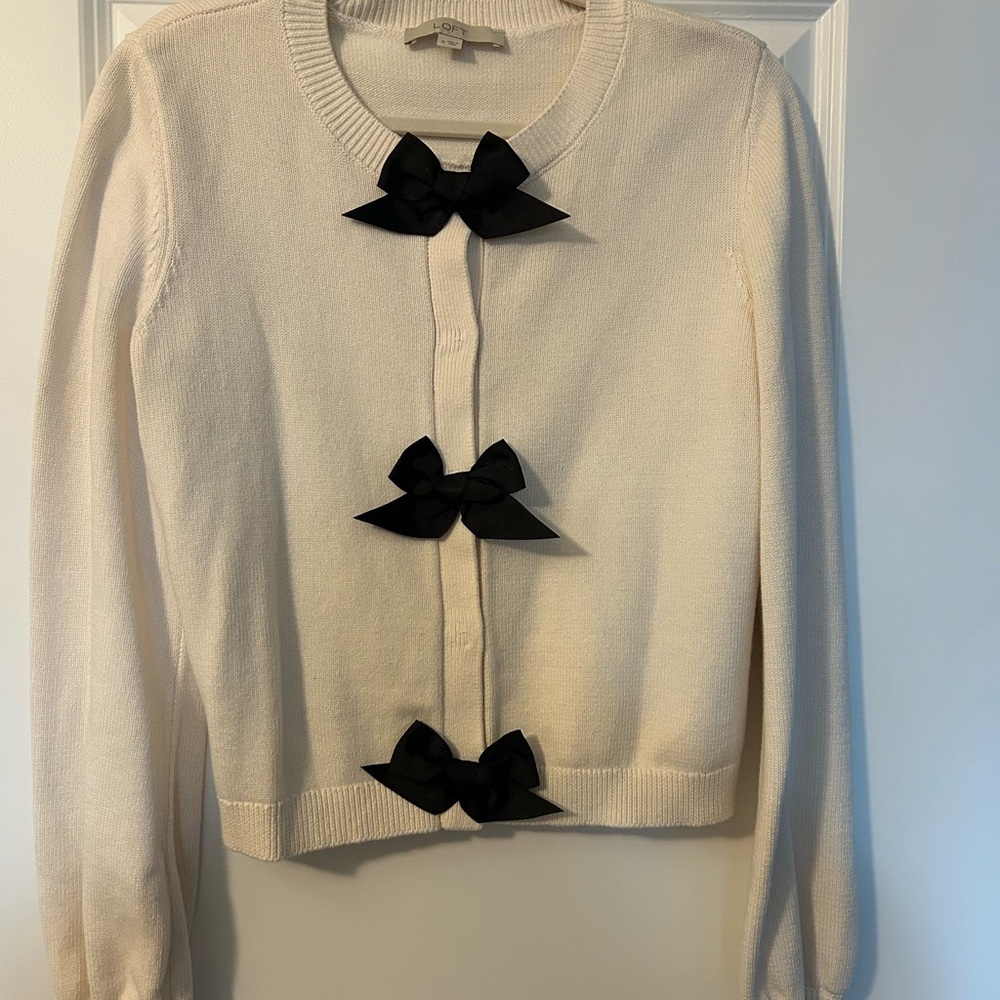 LOFT Cream Cardigan with Black Bow Accents